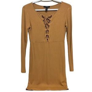 Forever 21 Tie Front Tan Long Sleeve Dress